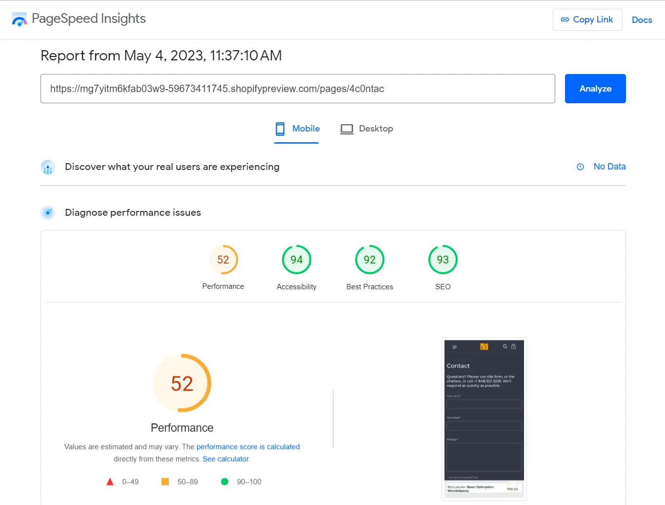 PageSpeed Insights report showing a performance score of 52, accessibility score, best practices score and SEO score.